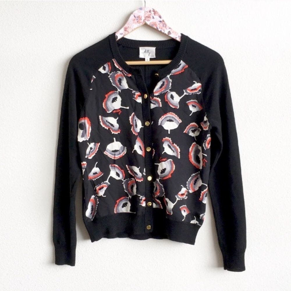 Milly NY Black Merino Wool Floral Print Small